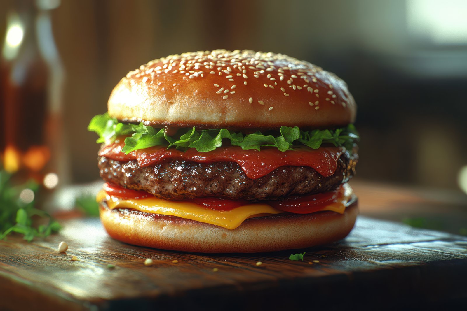 A juicy cheeseburger with lettuce and tomato sits on a wooden board, ready to be devoured